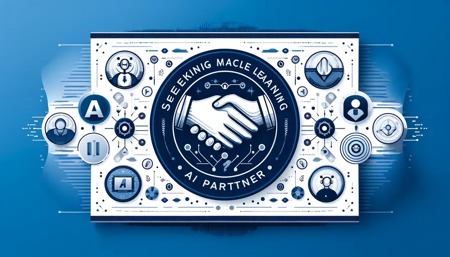 Blue and white-themed illustration of seeking a machine learning AI partner, featuring handshake icons and AI symbols.