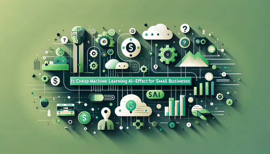 Green and grey-themed illustration of cheap machine learning AI for small businesses, featuring cost-effective AI symbols and small business icons.