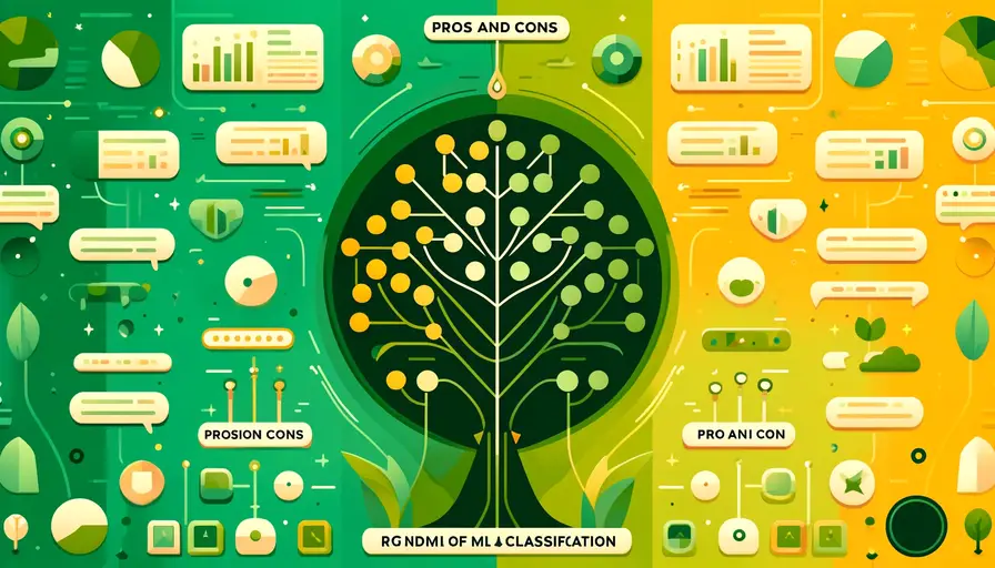 Green and yellow-themed illustration of the pros and cons of the random forest algorithm for ML classification, featuring decision trees and classification symbols.