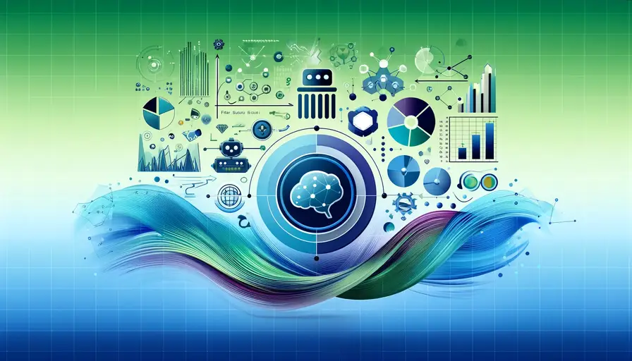Blue and green-themed illustration of machine learning and web services unleashing predictive insights, featuring web service icons and predictive analytics symbols