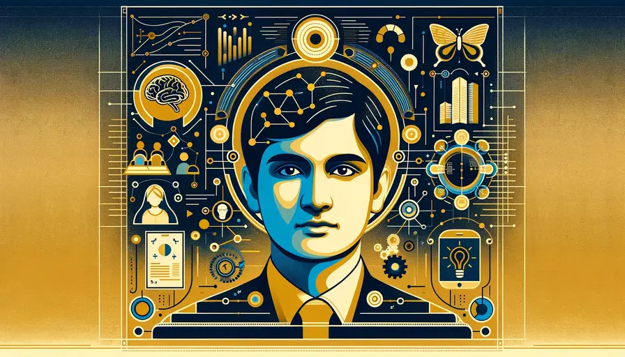 Gold and blue-themed illustration of Nakul Verma's impact on machine learning, featuring portrait symbols, academic icons, and machine learning diagrams.