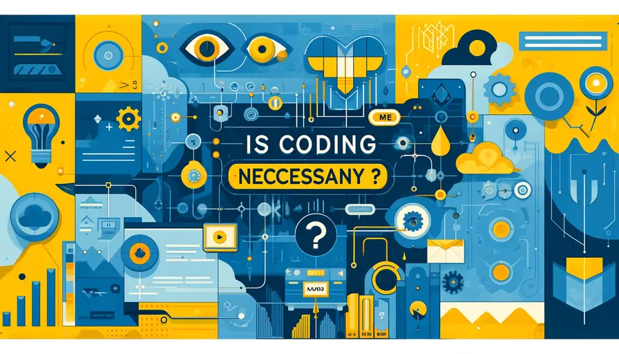 Blue and yellow-themed illustration of coding necessity in machine learning, featuring coding symbols and data flow diagrams.