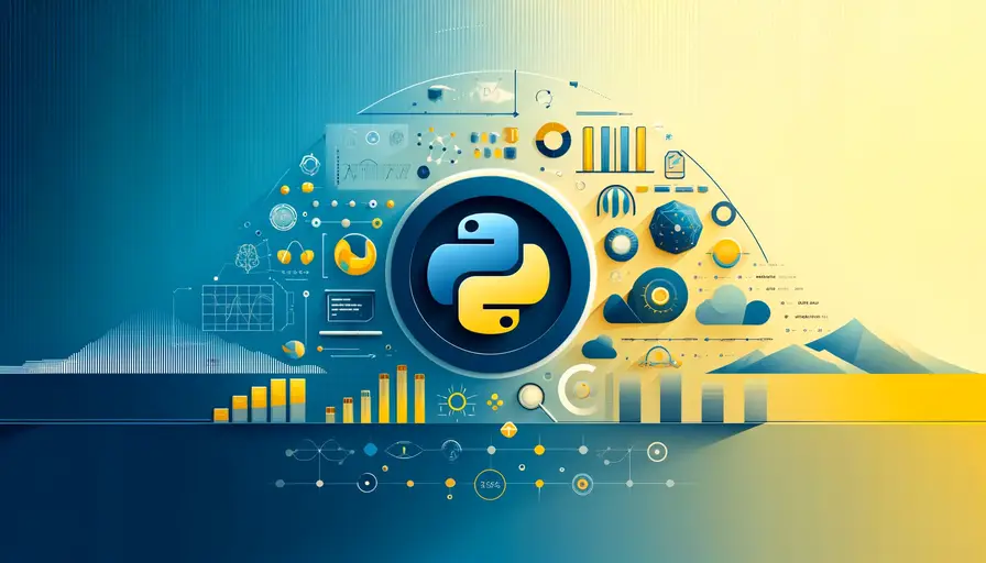 Blue and yellow-themed illustration of Python as a powerful language for machine learning and data analysis, featuring Python programming icons and data analysis charts.