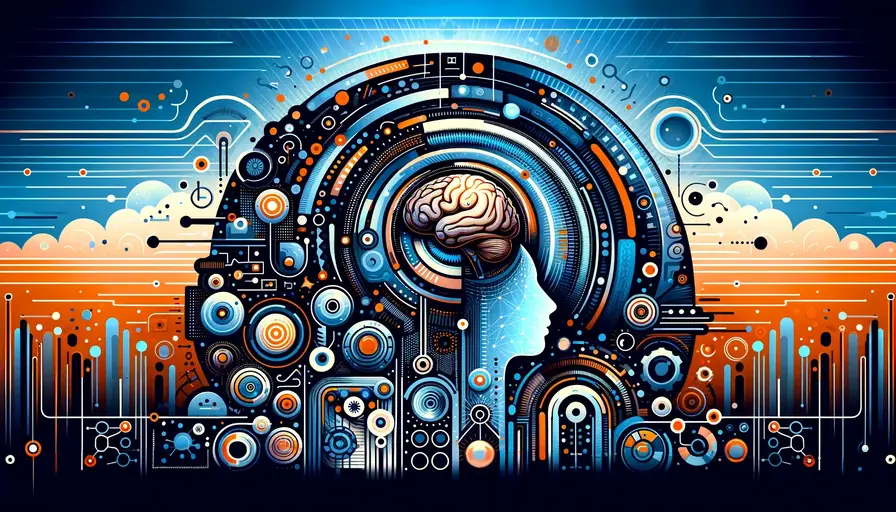 Blue and orange-themed illustration of machine learning outpacing human intelligence, featuring machine learning symbols and human brain icons.