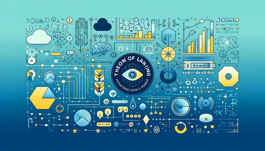 Blue and yellow-themed illustration of the theory of machine learning, featuring theoretical symbols, data flow diagrams, and machine learning icons.