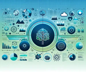 Blue and green-themed illustration of maximizing decision tree performance with machine learning, featuring decision tree symbols, performance enhancement icons, and machine learning diagrams.