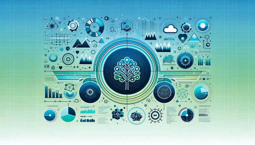 Blue and green-themed illustration of maximizing decision tree performance with machine learning, featuring decision tree symbols, performance enhancement icons, and machine learning diagrams.