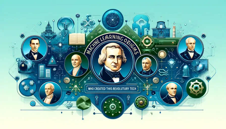 Blue and green-themed illustration of the origins of machine learning, featuring historical symbols, portraits of key figures, and machine learning icons.