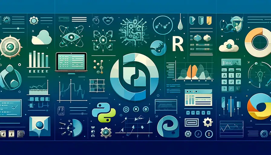 Blue and green-themed illustration of the best programming language for machine learning, featuring R and Python programming symbols, machine learning icons, and comparison charts.