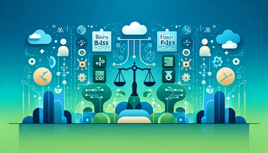 Blue and green-themed illustration of the impact of bias on fairness in machine learning algorithms, featuring bias symbols, fairness icons, and machine learning algorithm diagrams.
