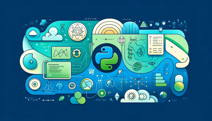 Blue and green-themed illustration of a beginner's guide to implementing reinforcement learning in Python, featuring reinforcement learning diagrams and Python programming symbols.