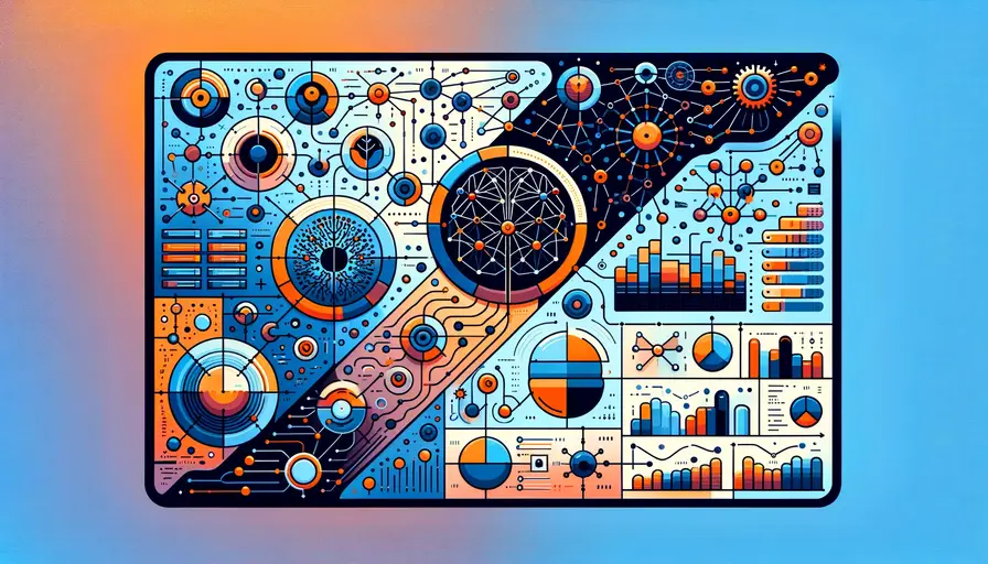 Blue and orange-themed illustration of neural networks vs. machine learning, featuring neural network diagrams and comparison charts.