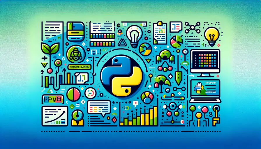 Bright blue and green-themed illustration of Python-based machine learning: a student's guide, featuring Python programming symbols, machine learning icons, and student guide charts.