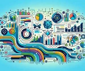 Bright blue and green-themed illustration of the role of linear regression in machine learning predictions, featuring linear regression symbols, machine learning prediction icons, and data charts.