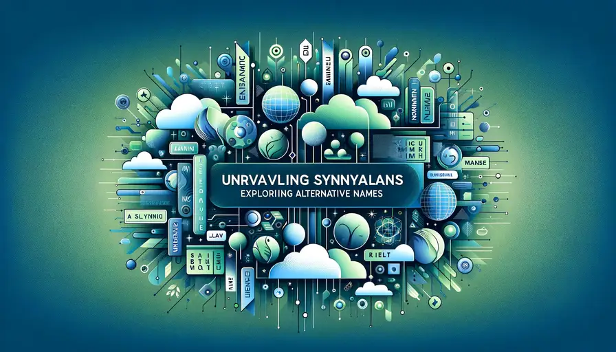 Blue and green-themed illustration of unraveling synonyms for machine learning, featuring synonym lists and exploration symbols.