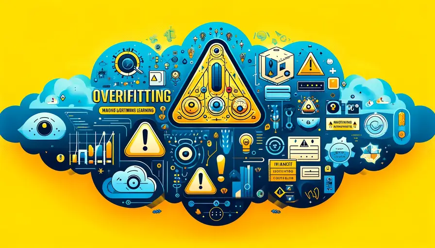 Blue and yellow-themed illustration of overfitting dangers for machine learning students, featuring overfitting symbols, warning icons, and machine learning diagrams.