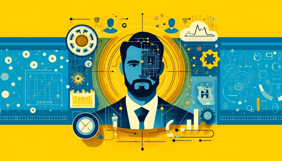 Blue and yellow-themed illustration of pattern recognition and machine learning with Christopher Bishop, featuring pattern recognition symbols and machine learning icons.