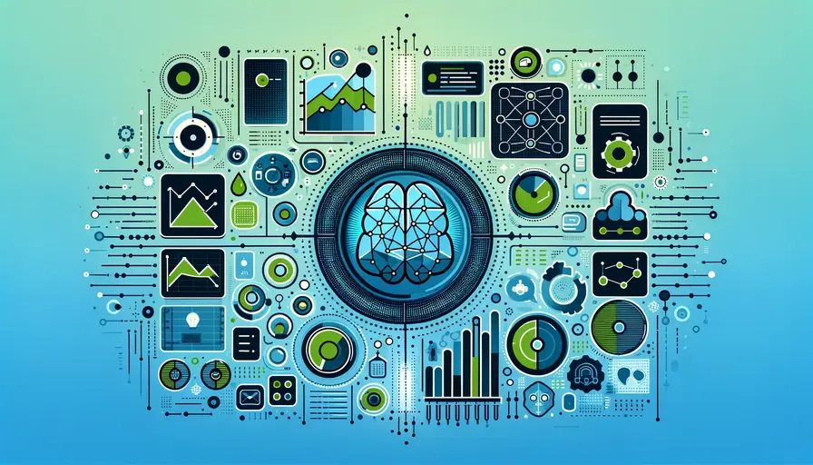 Blue and green-themed illustration of machine learning vs data analytics, featuring machine learning symbols, data analytics icons, and comparison charts.