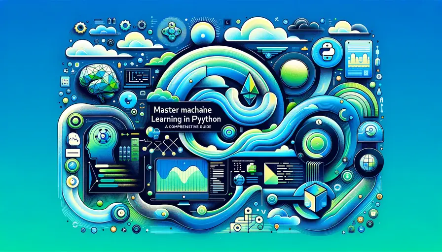 Blue and green-themed illustration of mastering machine learning in Python, featuring Python programming symbols, machine learning icons, and comprehensive guide charts.