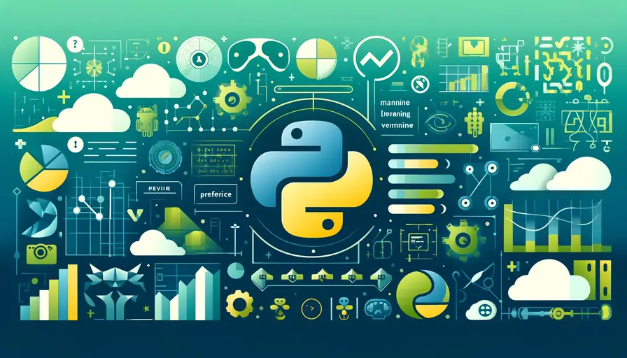 Blue and green-themed illustration of why Python is the preferred language for machine learning, featuring Python programming symbols, machine learning icons, and preference charts.