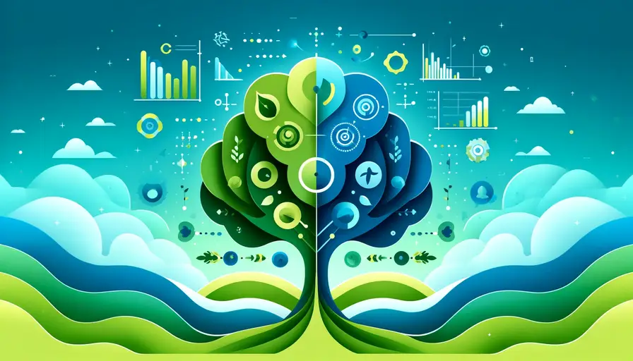 Bright blue and green-themed illustration of Decision Tree vs Random Forest, featuring decision tree symbols, random forest icons, and comparison charts.
