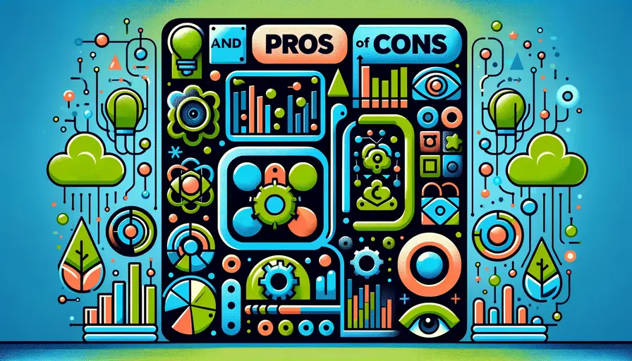 Bright blue and green-themed illustration of the pros and cons of various ML models, featuring comparison symbols, machine learning icons, and pros and cons charts.