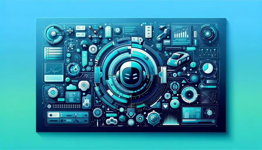 Blue and green-themed illustration of the future of machine learning, featuring automation symbols, machine learning icons, and futuristic diagrams.