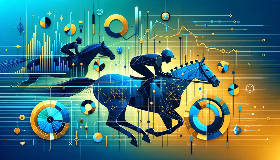Blue and brown-themed illustration of using machine learning to predict horse racing outcomes, featuring horse racing icons and predictive analytics symbols.