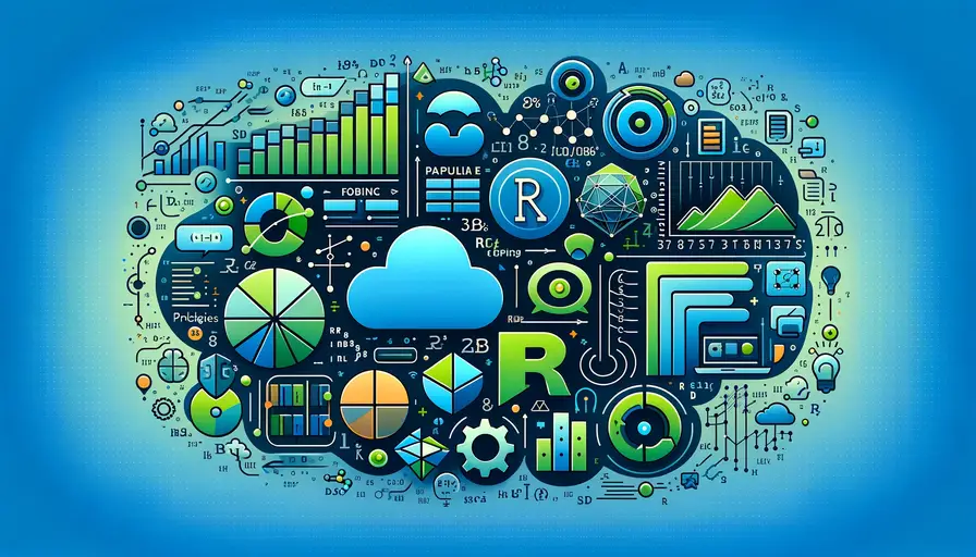 Blue and green-themed illustration of popular R packages for machine learning variable selection, featuring R programming icons, variable selection symbols, and machine learning diagrams.