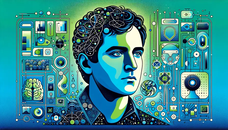 Blue and green-themed illustration of Yoshua Bengio's contributions to deep learning for AI, featuring deep learning symbols, AI icons, and images of Yoshua Bengio.