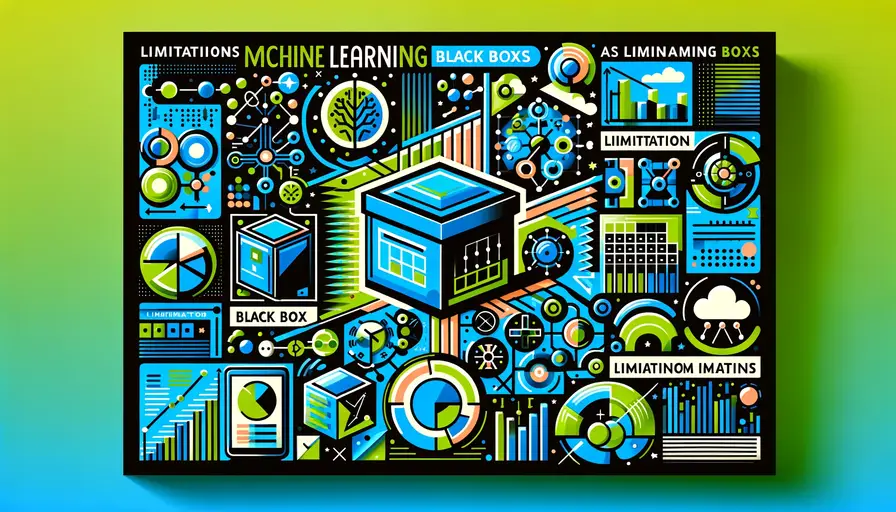 Bright blue and green-themed illustration of the limitations of machine learning models as black boxes, featuring black box symbols, machine learning icons, and limitation charts.