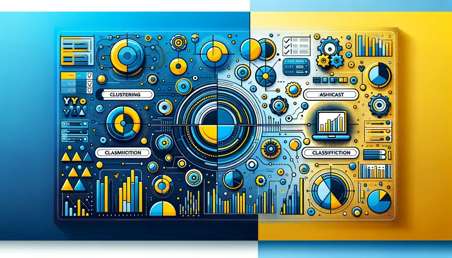 Blue and yellow-themed illustration comparing clustering and classification, featuring clustering diagrams, classification symbols, and comparison charts.