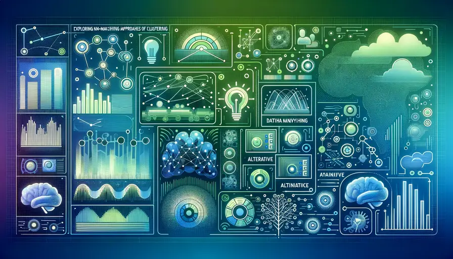 Blue and green-themed illustration of non-machine learning approaches to clustering, featuring clustering diagrams, alternative symbols, and data analysis icons.
