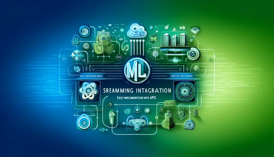 Blue and green-themed illustration of streamlining integration of ML models with APIs, featuring API symbols and integration diagrams.