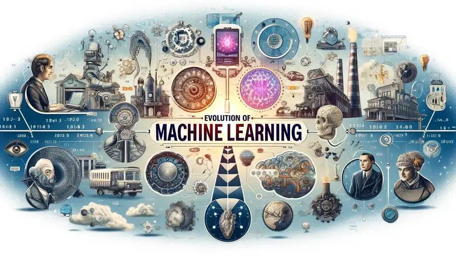 Timeline illustrating the evolution of machine learning with key milestones, historical images, and modern technology symbols.