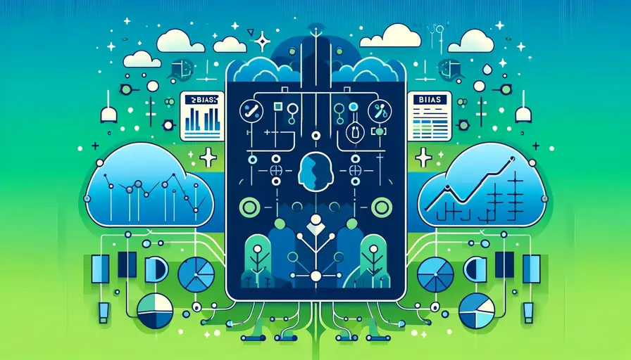 Blue and green-themed illustration of high bias in machine learning models and its connection to overfitting, featuring bias symbols, overfitting charts, and machine learning icons.