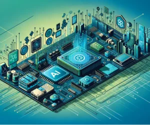 Blue and green-themed illustration of AI-enabled Arduino projects exploring machine learning, featuring Arduino boards and AI symbols.