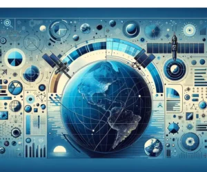 Blue and grey-themed illustration of analyzing satellite data and classifying with machine learning in QGIS, featuring satellite imagery and QGIS icons.