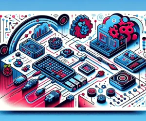 Blue and red-themed illustration of easy Raspberry Pi machine learning projects for beginners, featuring Raspberry Pi icons and project workflow diagrams.