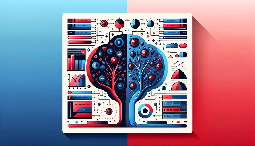 Blue and red-themed illustration comparing decision tree and random forest for classification, featuring diagrams and comparison charts.