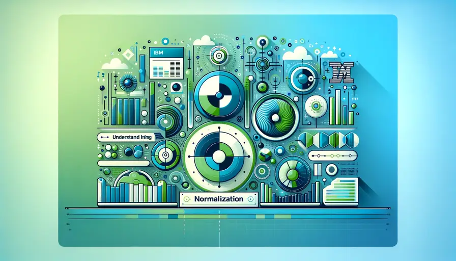 Blue and green-themed illustration of IBM's approach to normalization in machine learning, featuring normalization symbols, IBM logos, and machine learning diagrams.