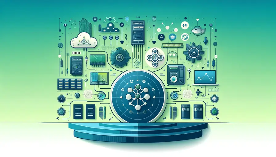 Blue and green-themed illustration of a pre-configured virtual machine image ideal for machine learning, featuring virtual machine symbols, machine learning icons, and data processing diagrams.