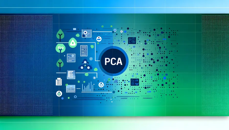 Blue and green-themed illustration of PCA as an unsupervised dimensionality reduction technique, featuring PCA symbols, dimensionality reduction diagrams, and machine learning icons.