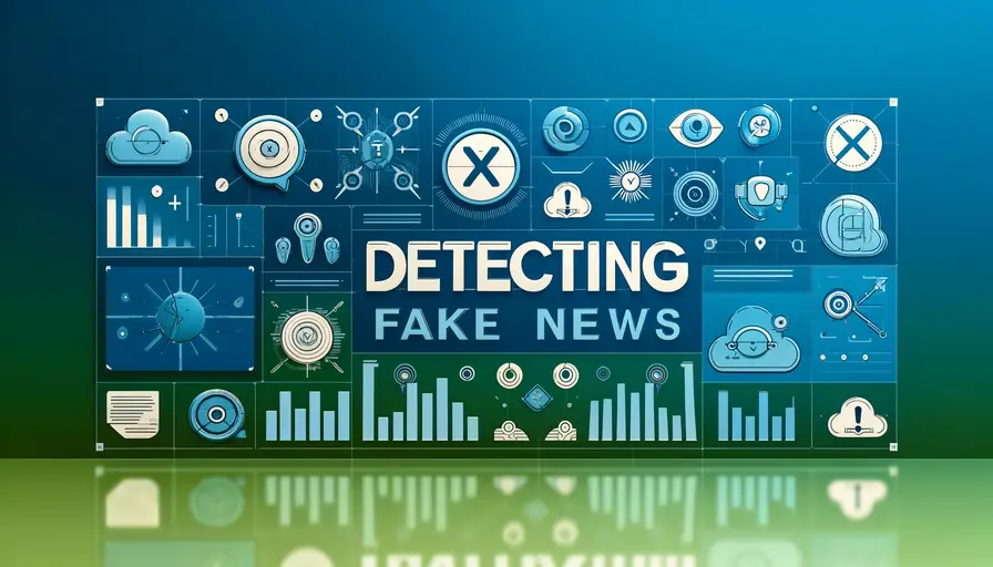 Blue and green-themed illustration of detecting fake news on X with machine learning models, featuring fake news symbols, machine learning icons, and detection charts.v