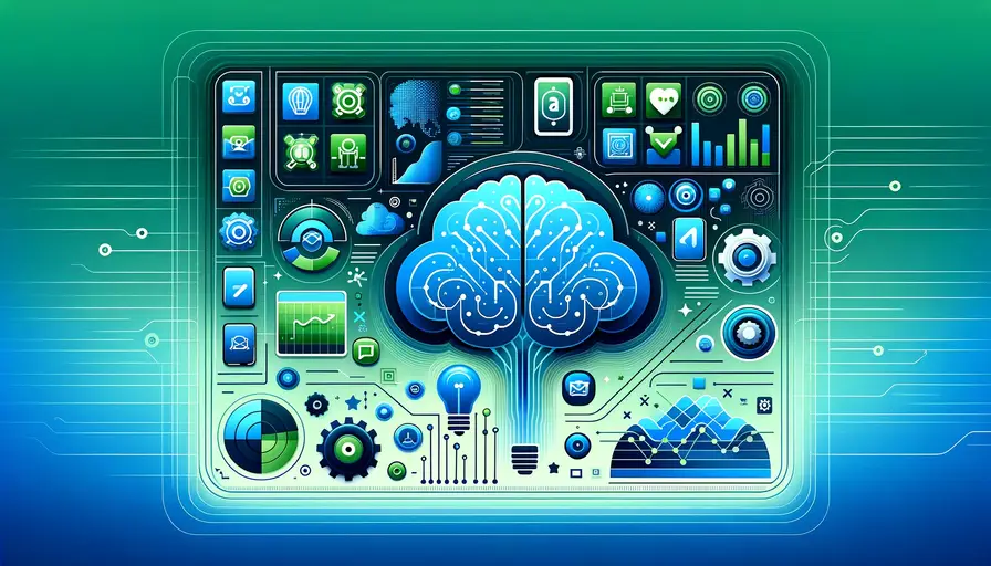 Blue and green-themed illustration of deep learning methods for app enhancement, featuring app enhancement symbols, deep learning icons, and potential-maximizing charts.