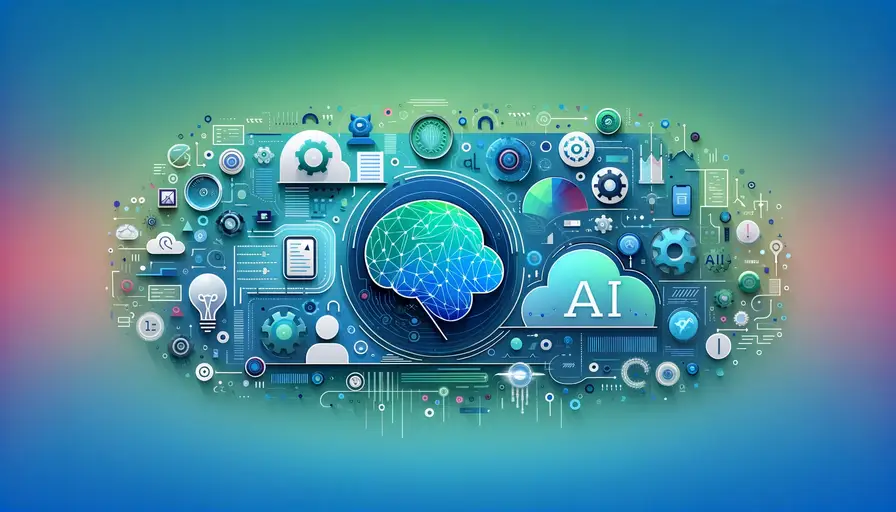 Blue and green-themed illustration of the transition from machine learning to AI, featuring machine learning symbols, AI icons, and transition diagrams.
