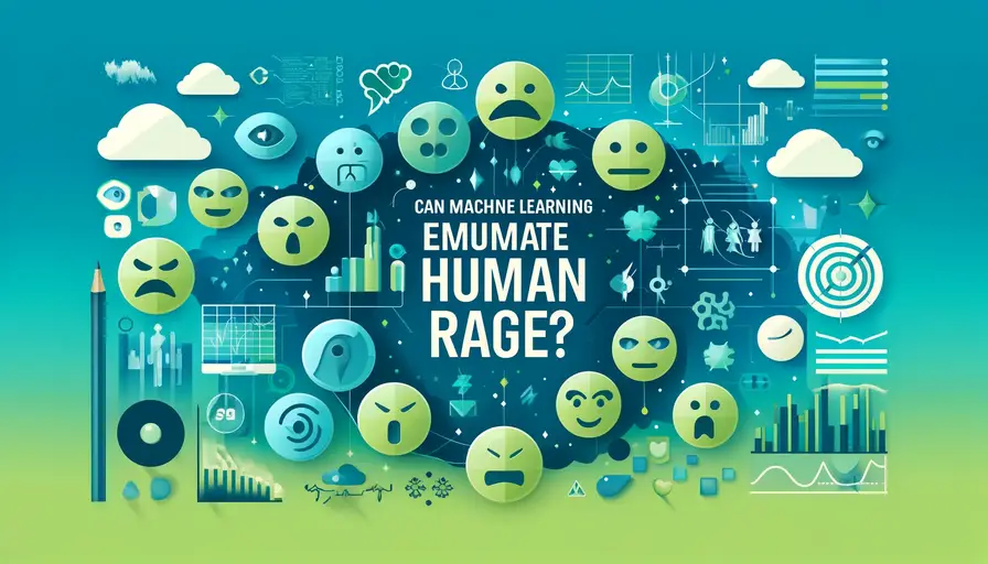 Blue and green-themed illustration of machine learning emulating human rage, featuring emotive symbols, machine learning icons, and human emotion charts.