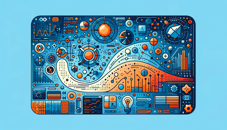 Blue and orange-themed illustration of exploring the potential of machine learning in R, featuring R programming icons and exploration diagrams.