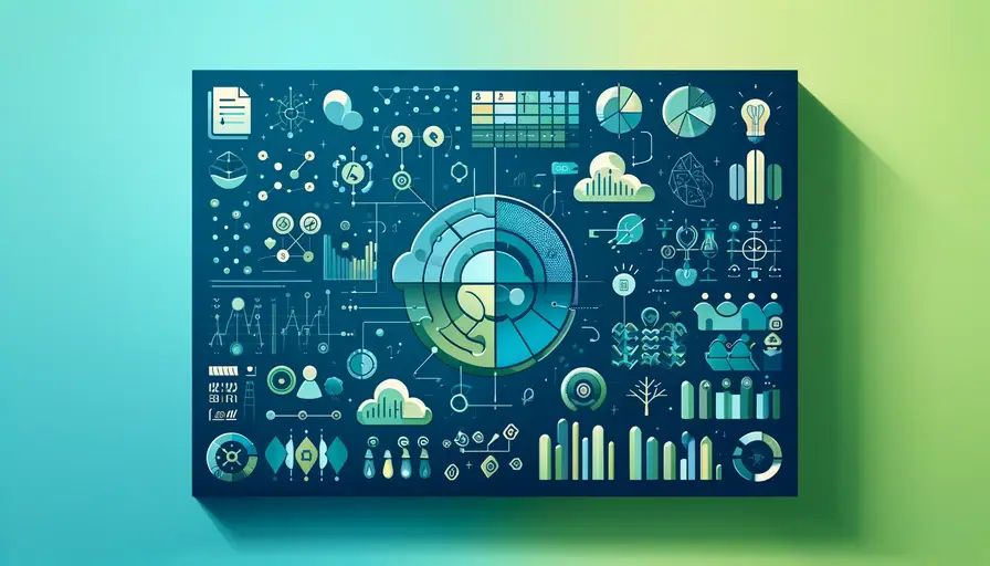Blue and green-themed illustration of deciphering common elements in machine learning diagrams, featuring common diagram symbols, machine learning icons, and educational charts.