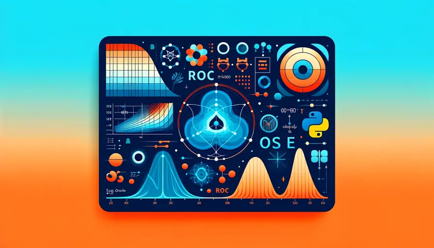 Blue and orange-themed illustration of boosting classification with ROC and precision-recall curves in Python, featuring ROC curves, precision-recall diagrams, and Python programming symbols.